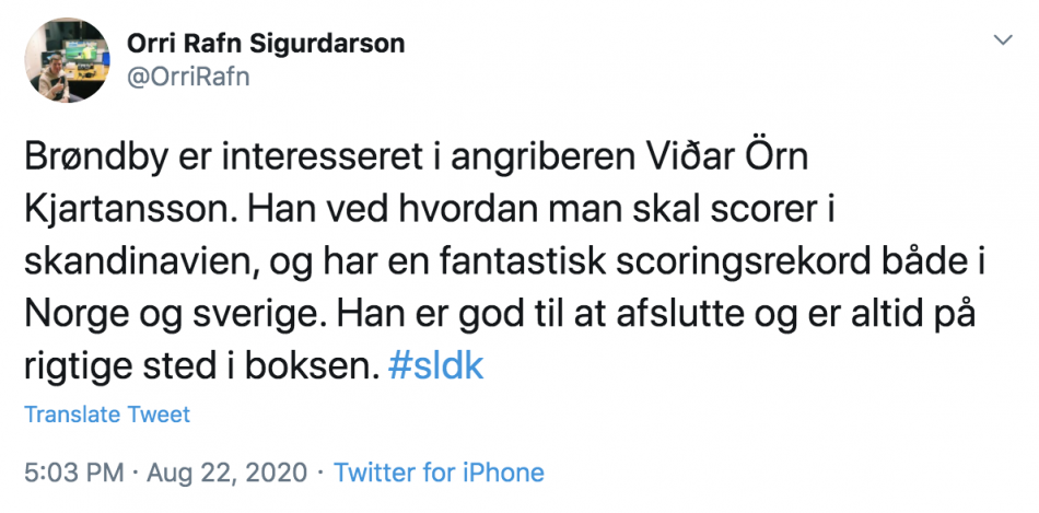 Orri Rafn Sigurdarsons tweet om Vidar Örn Kjartansson.